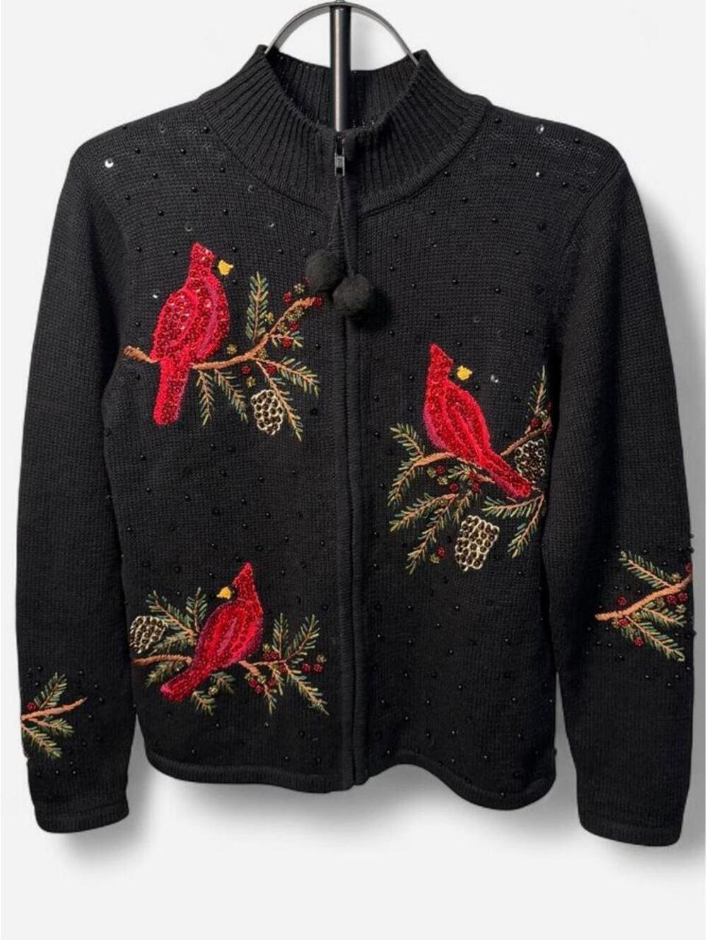 Tiara International Christmas Cardinal Sweater Zip Up Jacket Vintage Holiday
